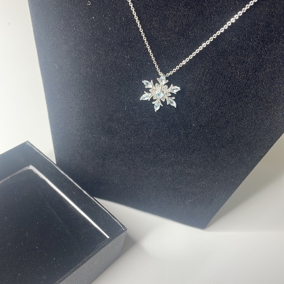 Silver Dainty Snowflake Necklace with light Blue Crystals - Picture 3 of 7